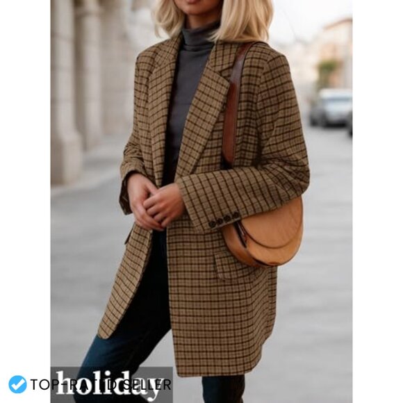 Plaid Houndstooth Wool Blazer Loose Fit Business Casual Elegant Suit Jacket - Picture 3 of 7